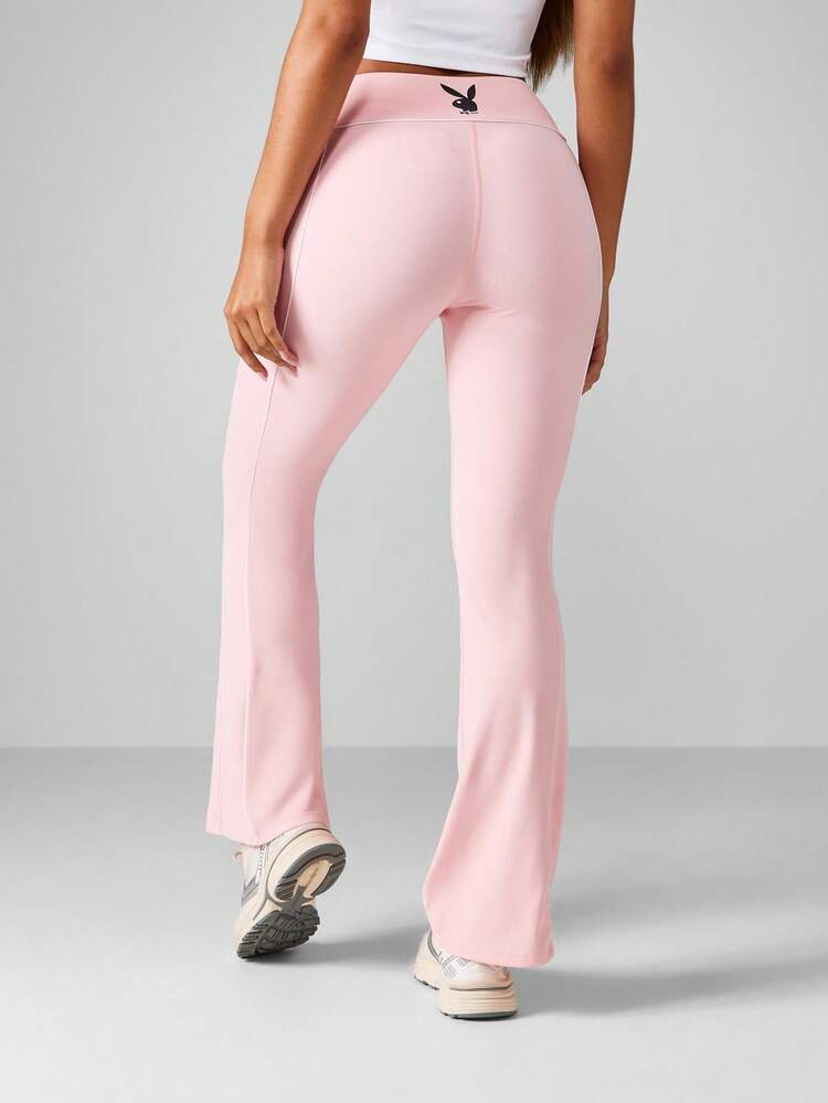Missguided x Playboy Ribbed Waistband Flared Yoga Pants High Rise Performance Leggings Active Pilates Fitness Bottoms Fall Winter Workout Gear