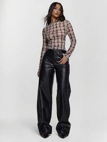 MUSERA Feraux 网眼格纹印花长袖荷叶边下摆上衣，性感外出夜游冬季可爱街头风。适合假日、派对、春夏穿着。 - 彩色 - 查看 3