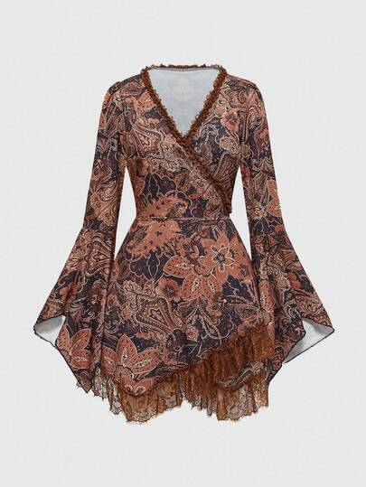 Goth Women's Vintage Floral Print V-Neck Flare Sleeve Lace Trim Dress