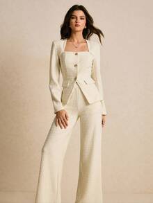 Poéselle Women's Swan Collar Long Sleeve Single-Breasted Jacket And Pants Elegant Suit Set Tweed Pant Suit Cream Pant Suit Setup Autumn Winter Women Metal Buckle Elegant Women's Set,Cozy Fall And Winter Clothes For Women - White - View 5