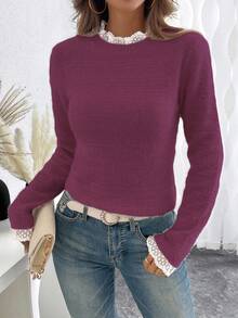 EMERY ROSE Fashionable & Sweet Lace Collar 3D Soft Faux Fur Pullover Sweater, Versatile For Autumn/Winter - Red Violet - View 3