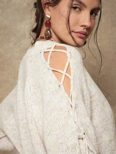 SHEIN VCAY 大码女式休闲纯色V领侧镂空系带宽松套头毛衣，秋冬款