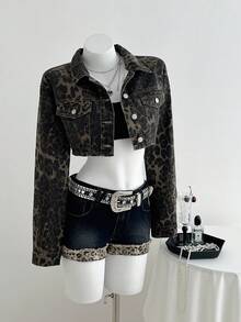 Elamini 女式豹纹长袖单排扣短款牛仔衬衫 - 黑色 - 查看 1