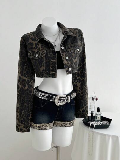 Elamini 女式豹纹长袖单排扣短款牛仔衬衫