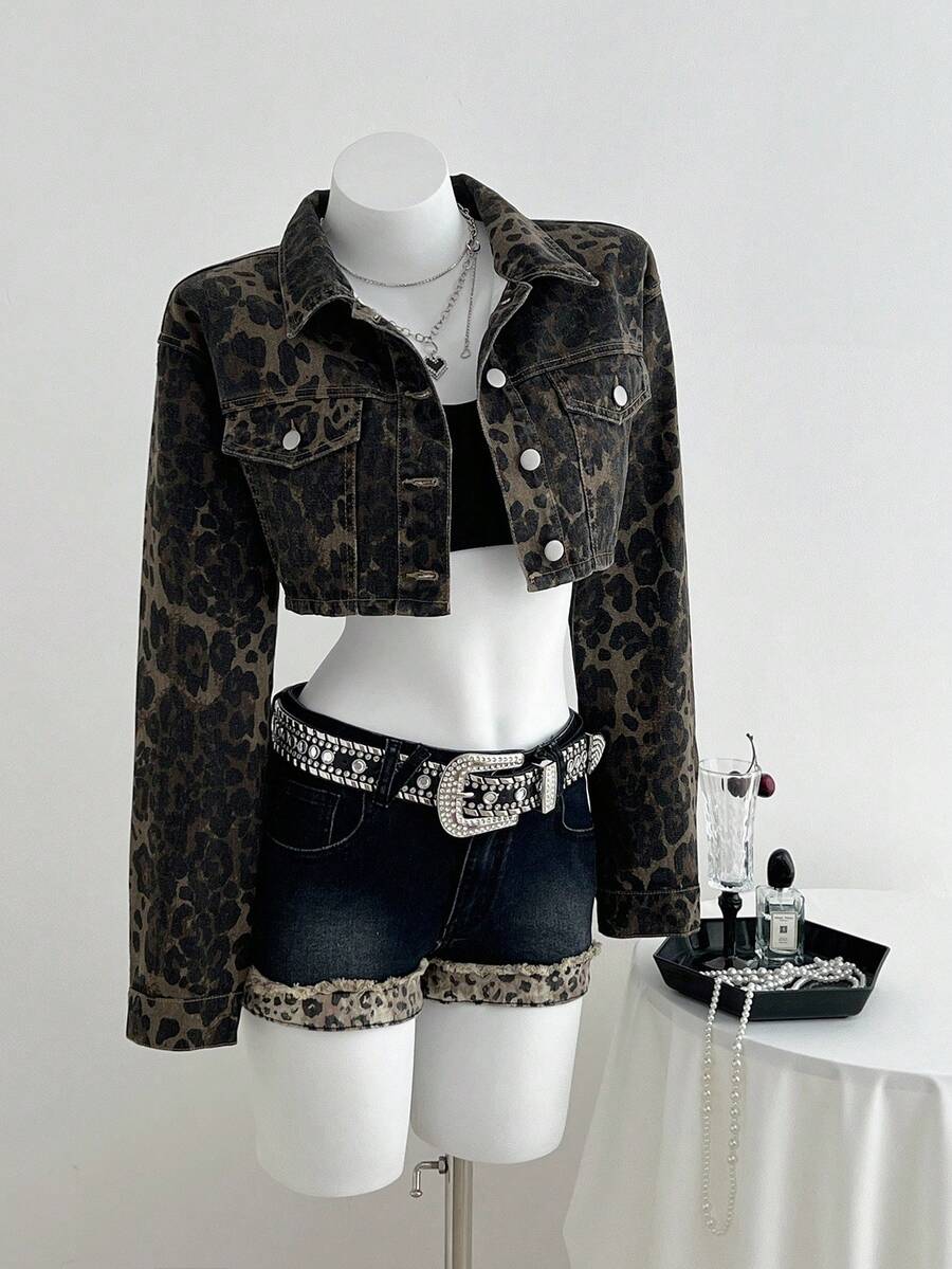 Elamini 女式豹纹长袖单排扣短款牛仔衬衫 - 黑色 - 查看 1