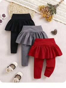 SHEIN 3pcs/Set Girl Knitted Elastic Solid Color Ruffle Waist Pants, Baby Girl Style, Autumn/Winter - Red - View 2