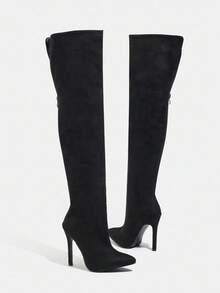 Daringsoles Women's Black Suede Pointed Toe Over-The-Knee Pleated Side Zipper Sexy Boots, Party Thigh High Boots, Autumn/Winter - Black - View 3