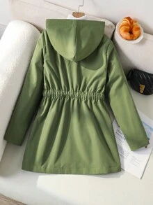 Tween Girls Casual Fashionable Minimalist Hooded Long Drawstring Waist Versatile Jacket, Suitable For Spring/Autumn Daily Wear And Outings - Army Green - View 2