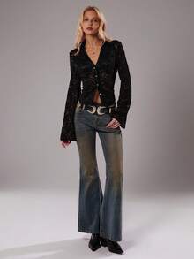 TRNVIE 1 件女式黑色蕾丝植绒腰部收紧低领喇叭袖复古波西米亚优雅长袖 T 恤，秋季 - 黑色 - 查看 3