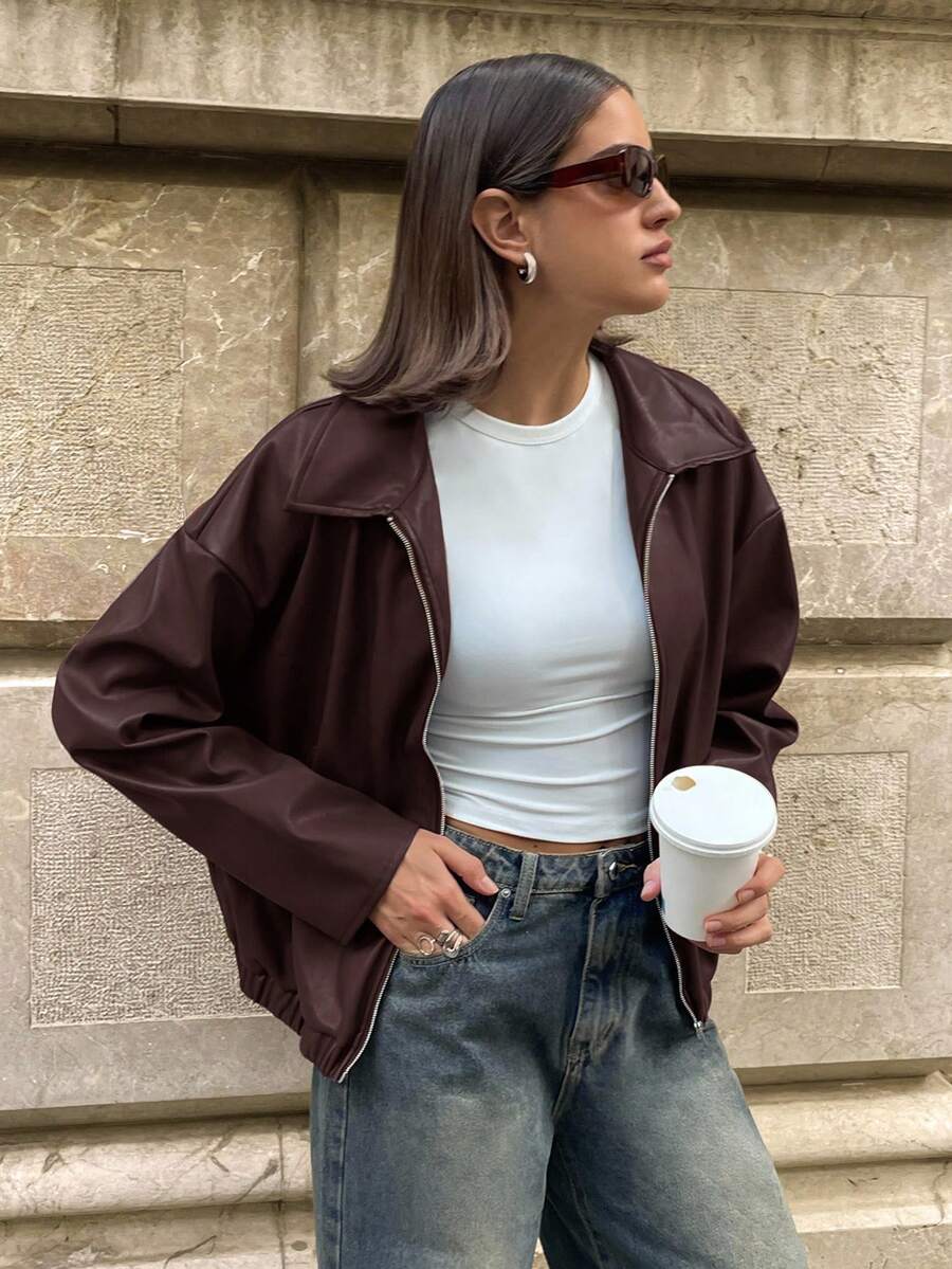 Aloruh Women's Solid Color PU Leather Drop Shoulder Long Sleeve Zip Front Casual Jacket,Brown Coat,Coffee Color,Solid Color Jacket,Spring,Autumn And Winter - Brown - View 1