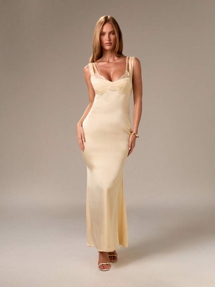 AiiRZ スリップイブニングマキシドレス バストコルセット ディテール フレアマーメイドヘム レーストリム ワイドストラップ 夏のウェディングゲスト パーティー フォーマル プロムガウン