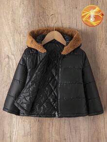 SHEIN Young Girls Black Reversible Zipper Hooded Collar Casual Padded Coat, Winter - Black - View 7