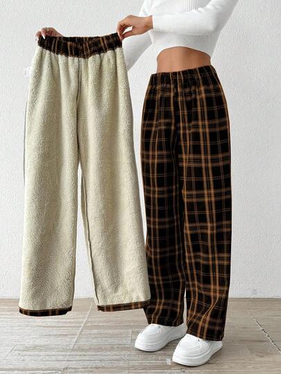 Chiquease 女式休闲条纹印花松紧腰保暖直筒裤，秋冬