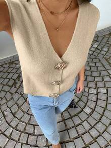 Almamuse 全新夏季法式优雅设计轻盈针织背心女衫 - 卡其色 - 查看 4