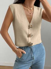 Almamuse 全新夏季法式优雅设计轻盈针织背心女衫 - 卡其色 - 查看 5