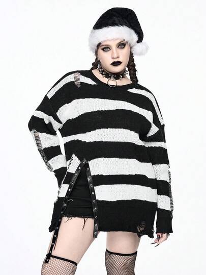 Goth Suéter holgado de talla grande con rayas negras y blancas, desgarrado y con dobladillo deshilachado, para otoño/invierno, de estilo casual con parches, adornos de PU y rayas negras y blancas, ideal para Halloween y Navidad