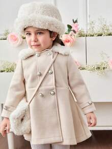 SHEIN Baby Mädchen einfarbiger Fellkragen Doppelreiher Langarm Wollmantel, Herbst/Winter - Beige - Übersicht 4