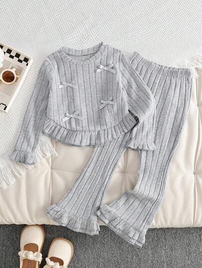 女童灰色甜美纯色蝴蝶结装饰图案长裤和长袖T恤套装