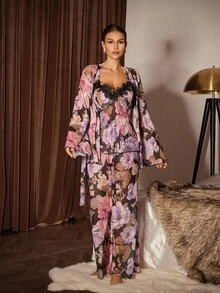 Slumberist Bộ đồ ngủ áo hai dây và áo choàng in hoa thời trang dành cho nữ - màu đen - Xem 5