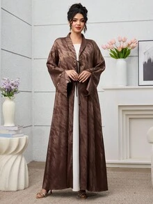 Yasmyna Elegant Tie-Front Long Sleeve Jacquard Satin Abaya Robe For Women