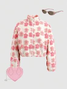 SHEIN 少女金属拉链立领口袋花卉羊羔绒纹理面料休闲通勤优雅外套夹克，秋冬 - 粉色 - 查看 9