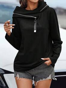 SHEIN LUNE 拉鏈細節插肩袖連帽衫 - 黑色 - 查看 1