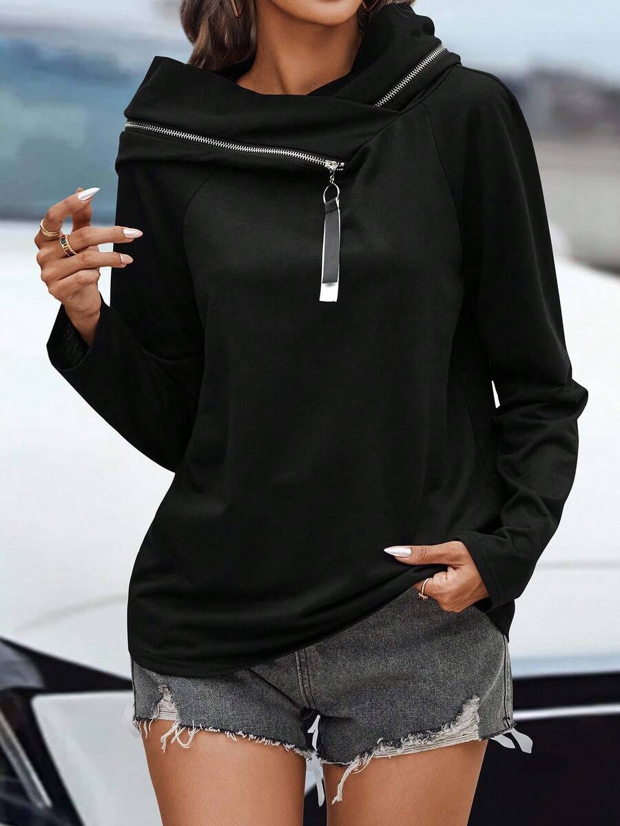 SHEIN LUNE 拉鏈細節插肩袖連帽衫 - 黑色 - 查看 1