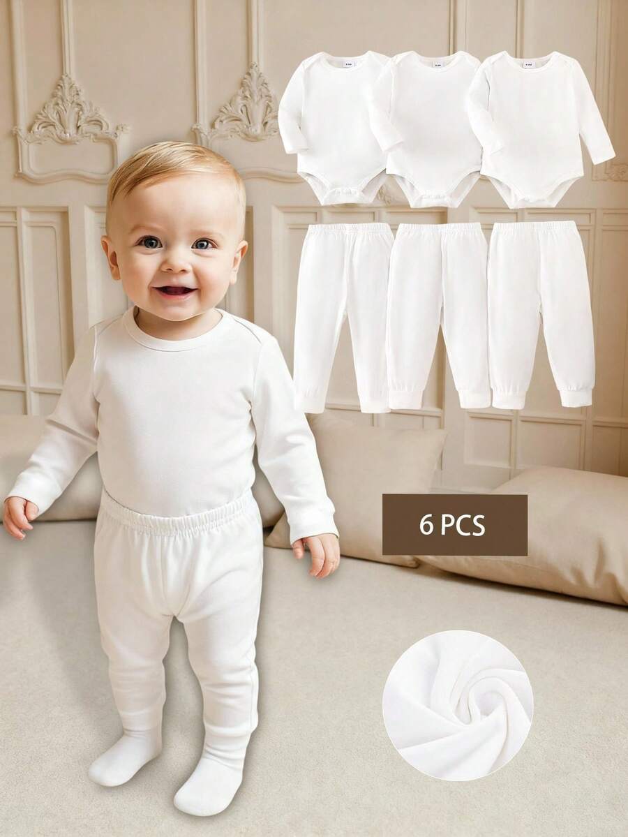SHEIN 6件套男婴套装，包含3件白色针织长袖连体衣和3条松紧腰裤，适合所有季节，日常穿着，可叠穿，适合3个月至24个月的男婴。新生儿服装，天然婴儿服装，新生儿中性服装，婴儿服装，中性新生儿服装，新生儿针织套装，婴儿服装，中性连体衣，婴儿服装。 - 白色 - 查看 1