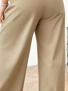 SHEIN PETITE CURVE Quần ống rộng màu đen thường ngày cỡ lớn dành cho nữ - Màu Khaki - Xem 7