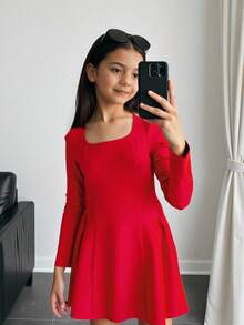 Firerie Kids Tween Girls Square Neck Waist Cinched Red Dress, Fashionable & Elegant For Holiday Party, Formal Occasions - Red - View 5
