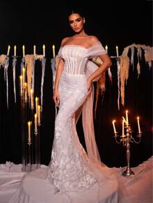 Glamrae Váy đuôi cá ren thêu trễ vai sang trọng thanh lịch có đuôi dài, phù hợp cho đám cưới, sự kiện, tiệc độc thân, kỳ nghỉ, dạ tiệc, tuần trăng mật, váy cưới - Màu be - Xem 7