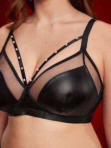 Empress Envy Plus Size Black Charm PU Pearl Decoration Structure Women's Sexy Lingerie Daily Women's Underwear Single Set