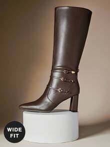 SHUZIA Botas Altas Femininas de Cano Largo com Três Fivelas, Bico Fino e Salto Bloco em PU Marrom - Estilo Elegante para Looks de Outono e Curvas Confiantes - Castanho - Visão 2