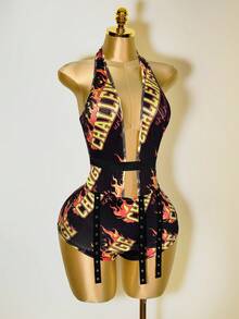 Mistrie 女式性感深 V 领字母火焰印花连体衣 - 黑色 - 查看 3