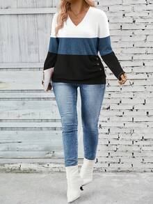 EMERY ROSE Women's V-Neck Contrast Color Block Plus Size T-Shirt, Autumn/Winter - Multicolor - View 6