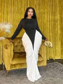 Veslaya 2025 Autumn/Winter Plus Size Women's Dress, Y2K Street Style, Elegant Ruched Colorblock Dress For School, Work, Party, Commute - Black and White - View 6