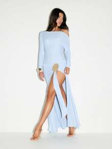 KIZN Elegant Maxi Evening Dress With Boat Neck Long Sleeve Backless Design High Split Cocktail Formal Wedding Guest Special Occasion Floor Length Gown