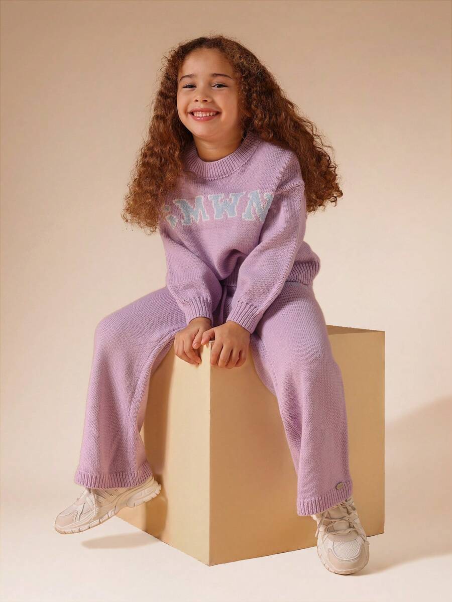 SUMWON 女孩冬季舒适针织运动衫裤子套装柔软罗纹毛衣阔腿运动服套装两件套 - 淡紫色 - 查看 1