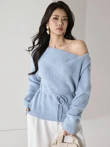 Modelyn 女士纯色系带休闲套头毛衣秋冬女装 - 藍色 - 查看 4