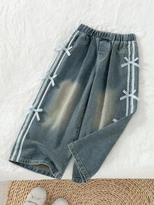 Genkimix Kids Celana Jeans Denim Washed Kasual untuk Anak Perempuan dengan Hiasan Pita - Biru - View 3