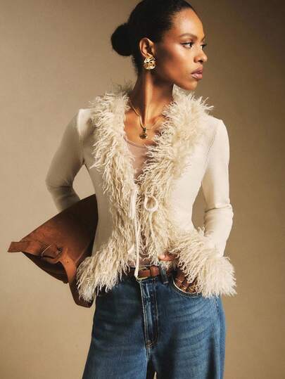 Poéselle Women's Tops, Plush Trim, Tie-Placket, Apricot Top, Long Sleeves Women's Solid Color Long Sleeve Furry Patchwork Front Tie Fashionable Blouse Fringe Tops Feather Top Fringe Jacket Western Wear Women Fall For Women Fall For Women Winter For Women Women's Winter New Year