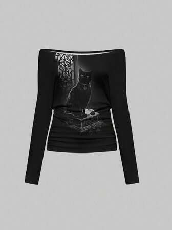T-shirt long à manches longues avec imprimé blanc, épaules dénudées, plissé, coupe ample, style gothique, chat noir, horreur, sexy pour femmes