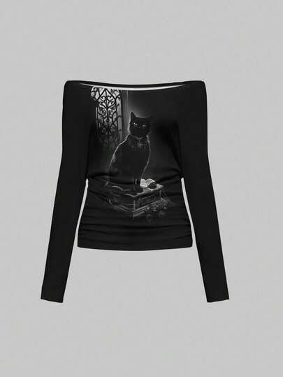 Goth Maglietta a maniche lunghe da donna con stampa bianca gatto nero gotico, horror, sexy, spalle scoperte, arricciata e morbida