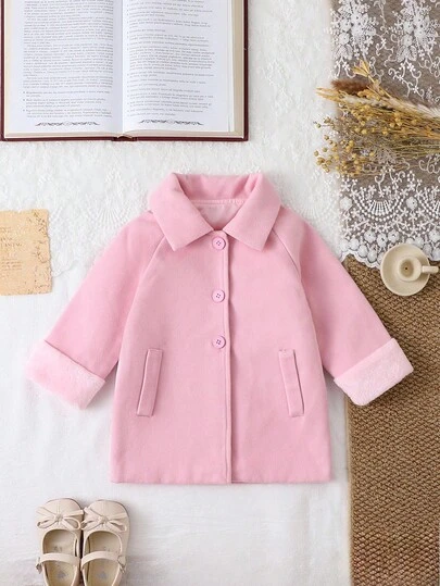 SHEIN 女婴 6 个月-3 岁 1 件装 女童秋季优雅简约日常装扮风格纽扣外套外出长袖假口袋装饰粉色外套