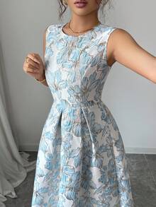 Elenzga Robe d'été élégante à plis jacquard sans manches pour femmes