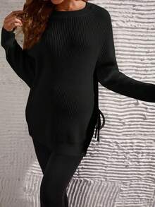 SHEIN Pull tricoté à fente latérale avec nœud, couleur unie, décontracté, pour la maternité, automne/hiver - Noir - Voir 5