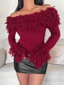 Aloruh Burgundy Off-Shoulder Fuzzy Fringe Splice Tight Fit Long Sleeve Sweater For Women, Autumn/Winter - Burgundy - View 6