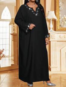 Fleurora 秋冬优雅端庄派对情人节鸡尾酒会音乐会/音乐节办公室黑色编织缺口舞会礼服蝙蝠袖束腰外衣长袖加大码连衣裙加大码优雅派对水钻装饰蝙蝠袖连衣裙 - 黑色 - 查看 4