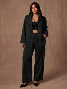 Rustia Plus Size Long Sleeve Lapel Collar Straight Leg Pants 2 Pieces Suit Set, Striped Casual Office Wear