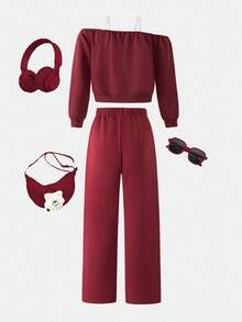 2pcs/Set Tween Girls' Off-Shoulder Sweatshirt And Loose Fit Sweatpants Casual Sports Suit, Autumn/Winter - Burgundy - View 2